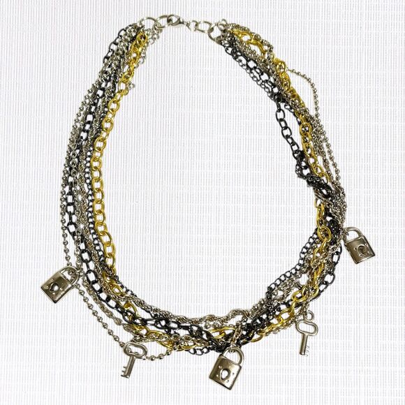 Multi Strand Charm Necklace Dangle Keys Locks Chains Steampunk Tri Color Metal - Picture 2 of 9
